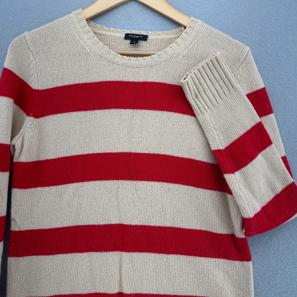 Ann Taylor Wool Blend Sweater Beige Red‎ Striped SZ L Boatcore Sailor Waldo